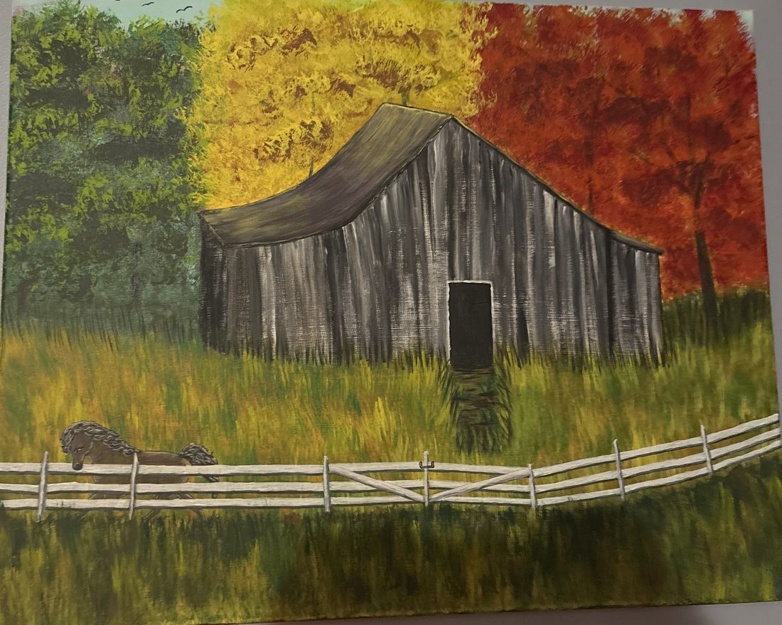 Acrylic painting of a weathered gray barn in a green and gold pasture, with red and yellow fall trees, a white rail fence, and a brown horse.