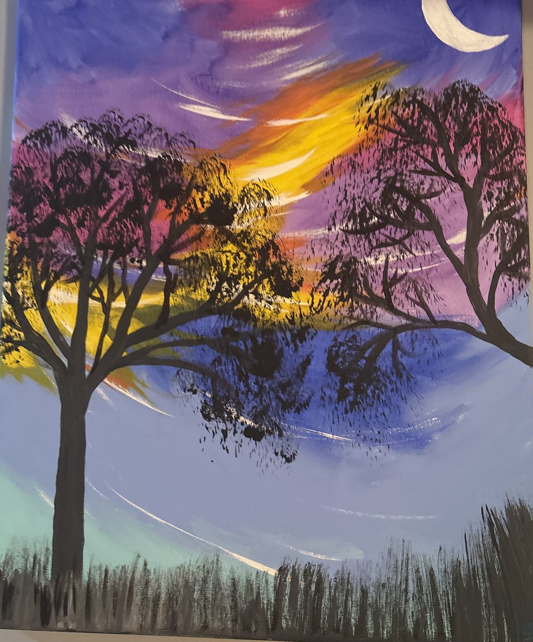Acrylic painting of two dark tree silhouettes under a purple, pink, and gold sky, with a crescent moon and reeds along the bottom.