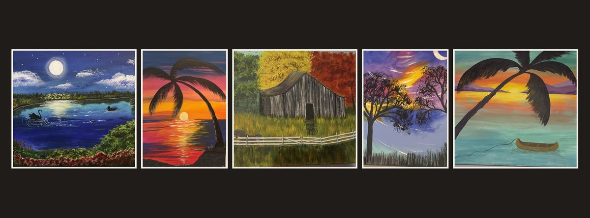 Five original acrylic landscapes by Dana James side by side: a moonlit pond with a black swan, a pink sunset palm, an autumn barn, crescent moon trees, and a teal sunset with a canoe.