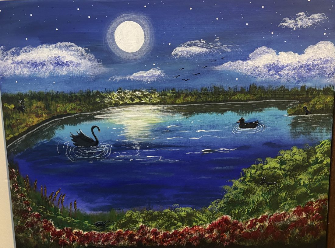 Acrylic painting of a full moon over a blue pond at night, with a black swan, a duck, red wildflowers along the bank, and birds in a starry sky.