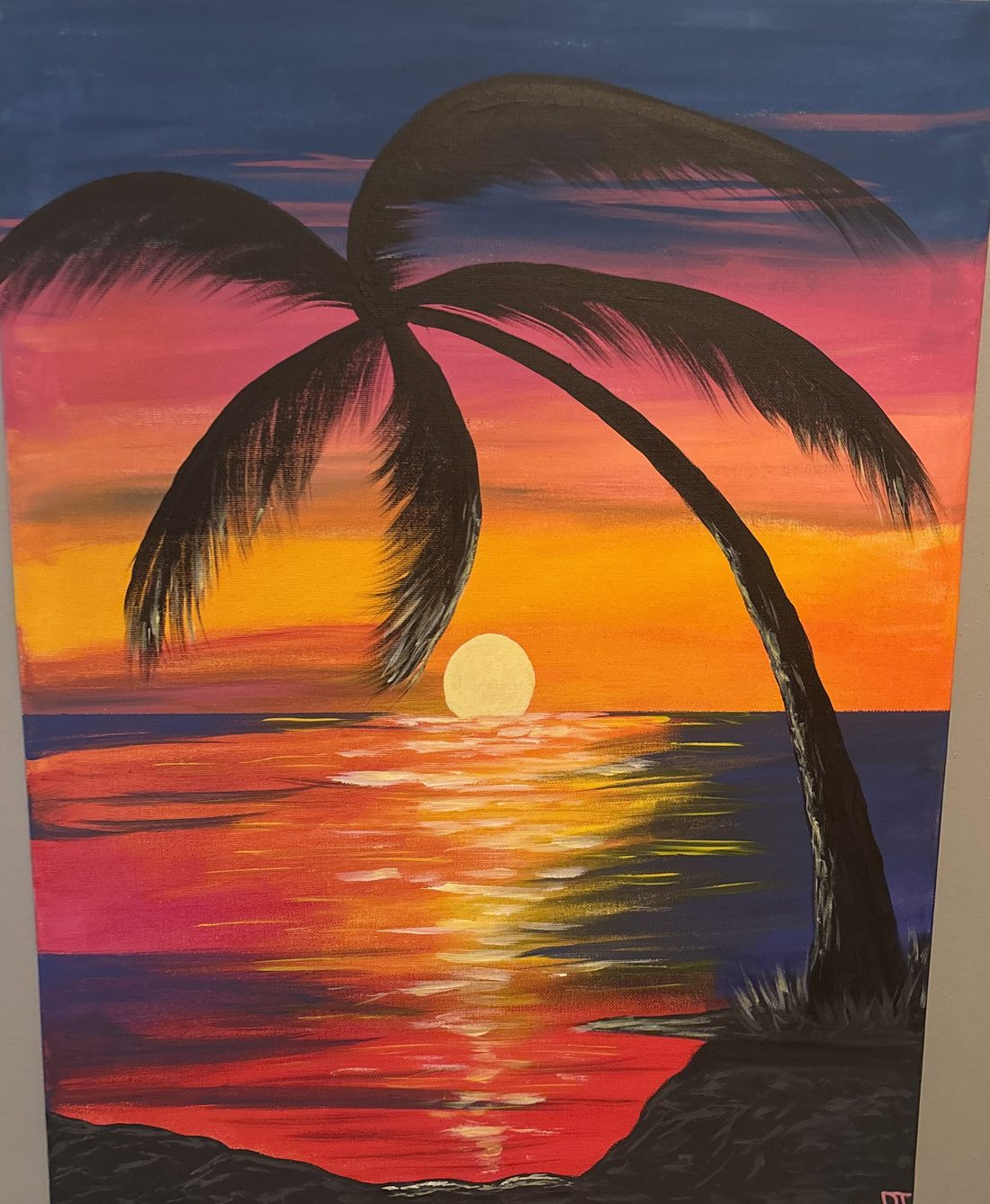 Acrylic painting of a palm tree silhouette leaning over the water against a hot pink and orange sunset, with the sun and its reflection between the fronds.