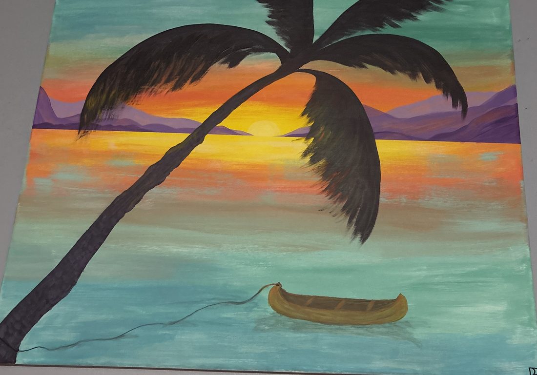 Acrylic painting of a leaning palm over a teal sea at sunset, with purple mountains and a wooden canoe moored near the shore.